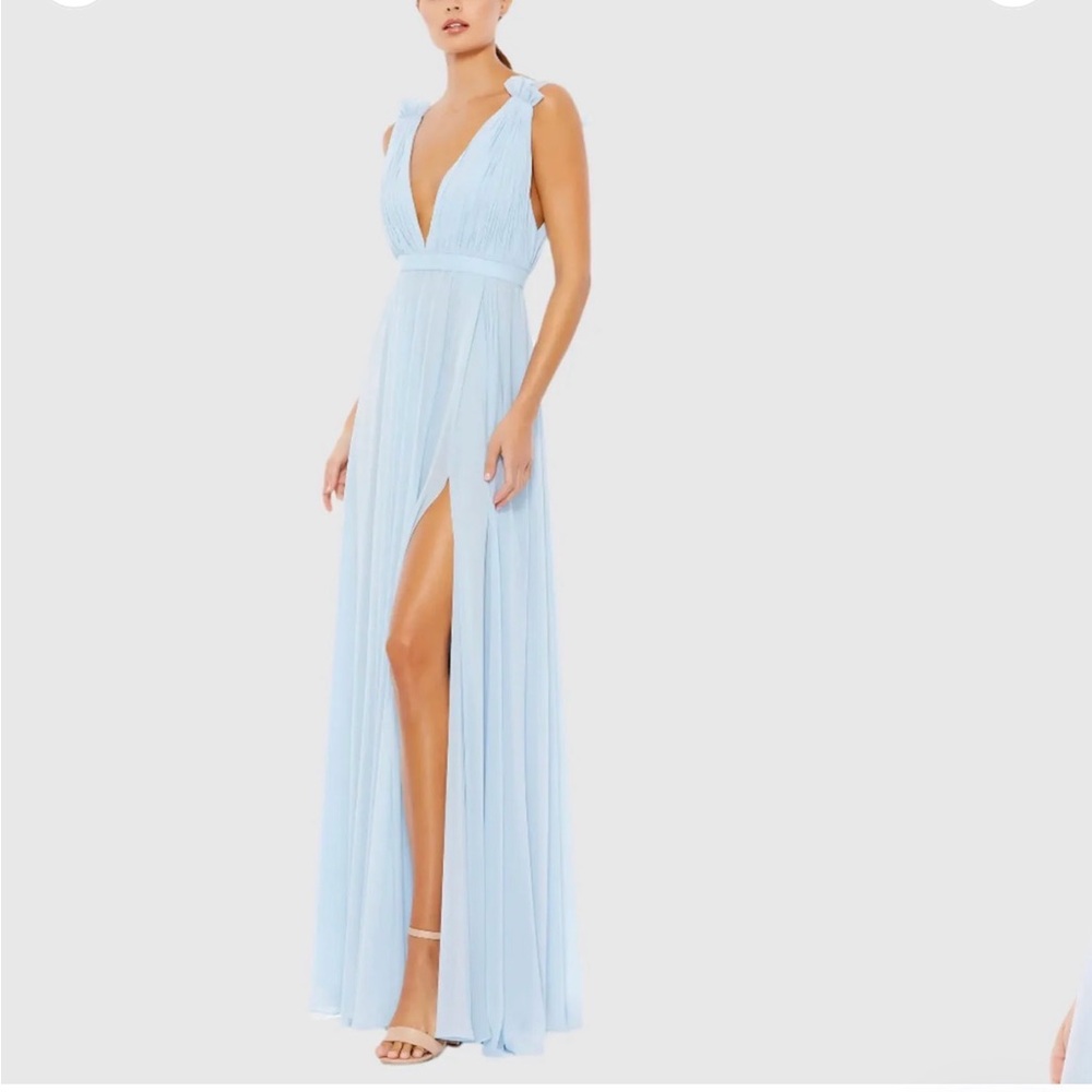 Mac Duggal Light Blue Pleated V-Neck Chiffon Wedding Dress